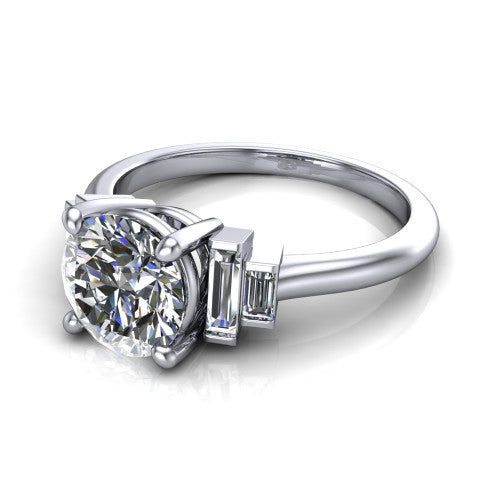 Jolene round five stone engagement ring in Platinum with bar-set emerald-cut side stones, three-quarter perspective view