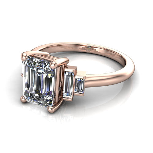 Jolene emerald five stone engagement ring in 18K Rose Gold with bar-set emerald-cut side stones, three-quarter perspective view