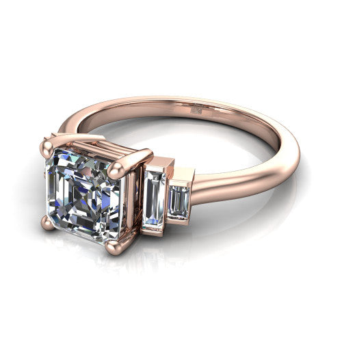 Jolene asscher five stone engagement ring in 18K Rose Gold with bar-set emerald-cut side stones, three-quarter perspective view