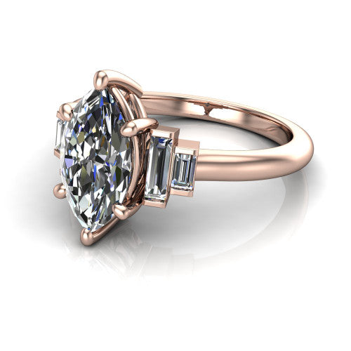 Jolene marquise five stone engagement ring in 14K Rose Gold with bar-set emerald-cut side stones, three-quarter perspective view
