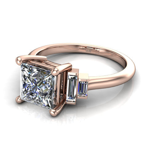 Jolene princess five stone engagement ring in 18K Rose Gold with bar-set emerald-cut side stones, three-quarter perspective view