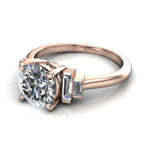 Jolene round five stone engagement ring in 14K Rose Gold with bar-set emerald-cut side stones, three-quarter perspective view
