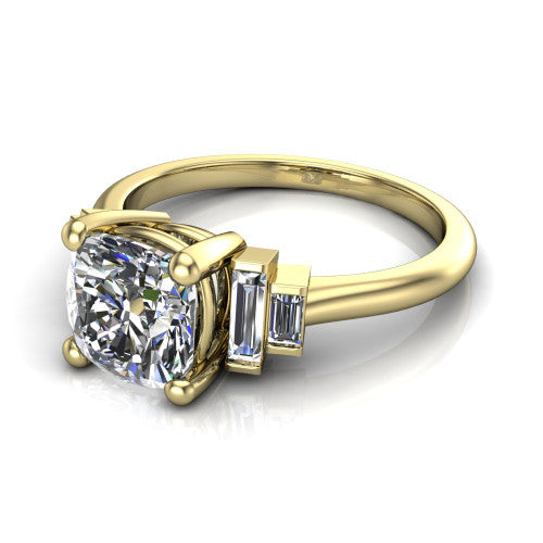Jolene cushion five stone engagement ring in 14K Yellow Gold with bar-set emerald-cut side stones, three-quarter perspective view