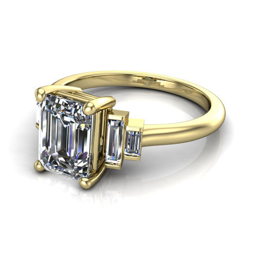 Jolene emerald five stone engagement ring in 14K Yellow Gold with bar-set emerald-cut side stones, three-quarter perspective view