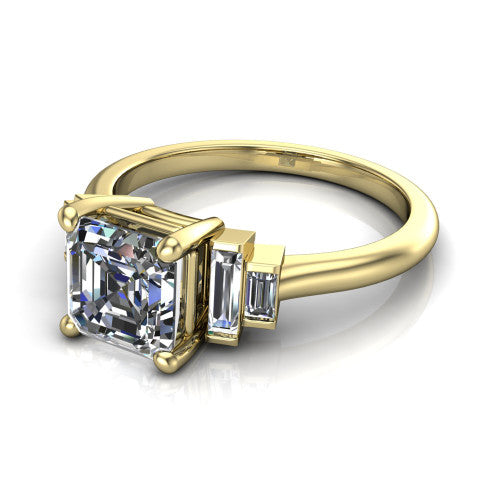 Jolene asscher five stone engagement ring in 14K Yellow Gold with bar-set emerald-cut side stones, three-quarter perspective view