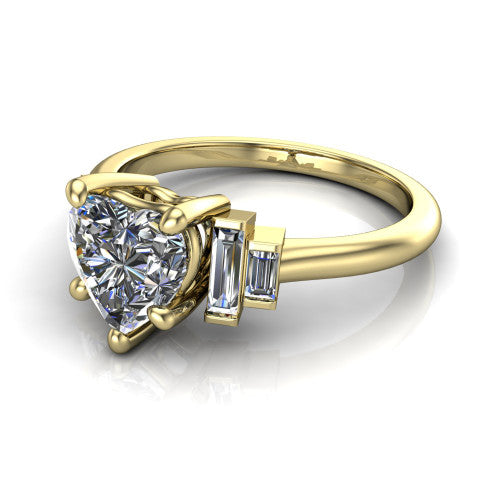 Jolene heart five stone engagement ring in 18K Yellow Gold with bar-set emerald-cut side stones, three-quarter perspective view