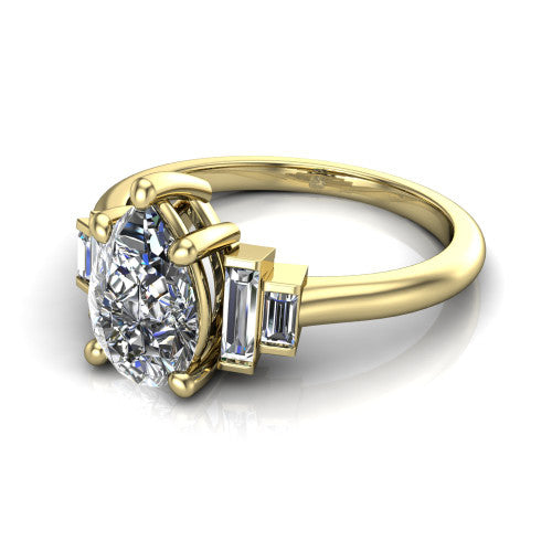 Jolene pear five stone engagement ring in 18K Yellow Gold with bar-set emerald-cut side stones, three-quarter perspective view
