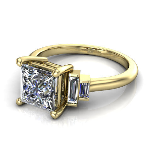 Jolene princess five stone engagement ring in 14K Yellow Gold with bar-set emerald-cut side stones, three-quarter perspective view