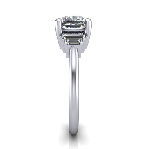 Jolene cushion five stone engagement ring in Platinum with bar-set emerald-cut side stones, side profile showing the plain band and bar-set side stones