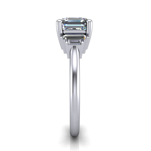 Jolene asscher five stone engagement ring in Platinum with bar-set emerald-cut side stones, side profile showing the plain band and bar-set side stones