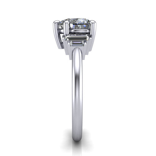 Jolene heart five stone engagement ring in 18K White Gold with bar-set emerald-cut side stones, side profile showing the plain band and bar-set side stones