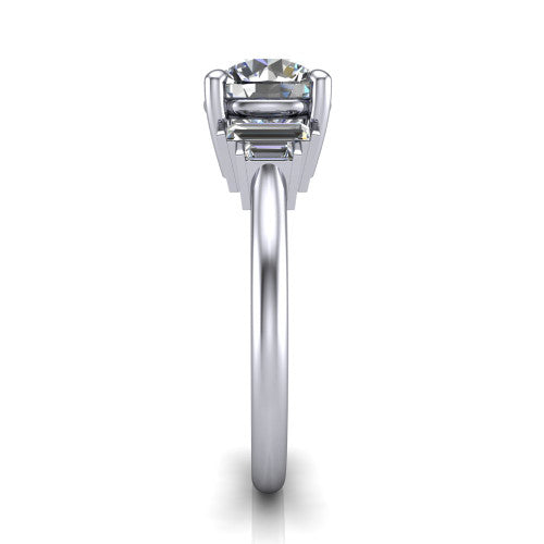 Jolene round five stone engagement ring in Platinum with bar-set emerald-cut side stones, side profile showing the plain band and bar-set side stones
