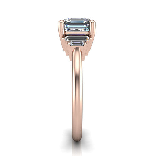 Jolene asscher five stone engagement ring in 14K Rose Gold with bar-set emerald-cut side stones, side profile showing the plain band and bar-set side stones