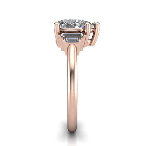 Jolene pear five stone engagement ring in 14K Rose Gold with bar-set emerald-cut side stones, side profile showing the plain band and bar-set side stones