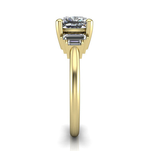 Jolene cushion five stone engagement ring in 14K Yellow Gold with bar-set emerald-cut side stones, side profile showing the plain band and bar-set side stones