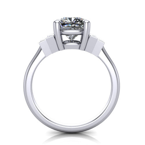 Jolene cushion five stone engagement ring in Platinum with bar-set emerald-cut side stones, through-finger front profile