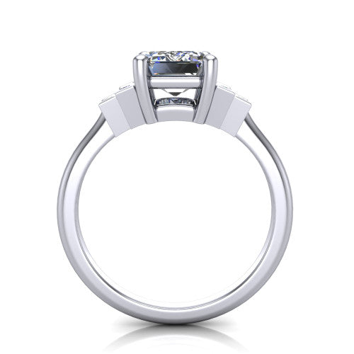 Jolene emerald five stone engagement ring in Platinum with bar-set emerald-cut side stones, through-finger front profile