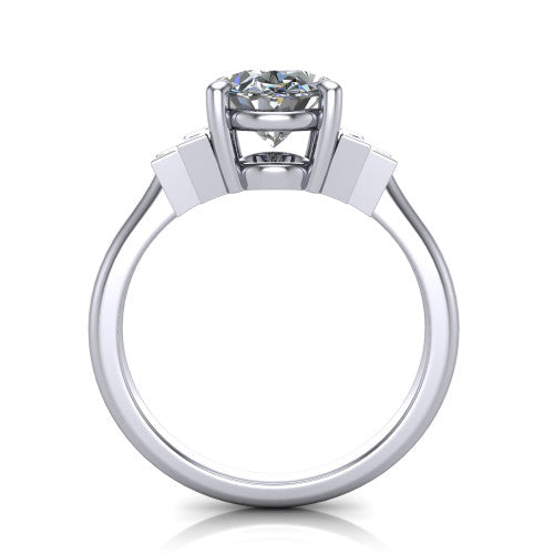 Jolene oval five stone engagement ring in Platinum with bar-set emerald-cut side stones, through-finger front profile