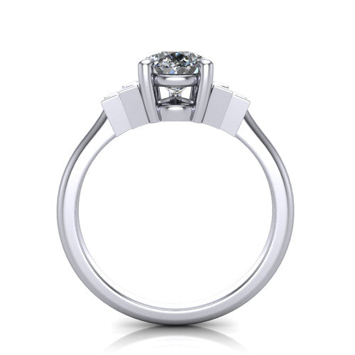 Jolene pear five stone engagement ring in Platinum with bar-set emerald-cut side stones, through-finger front profile