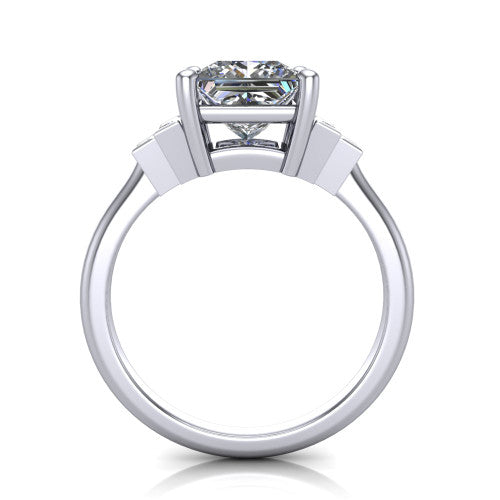 Jolene princess five stone engagement ring in 18K White Gold with bar-set emerald-cut side stones, through-finger front profile