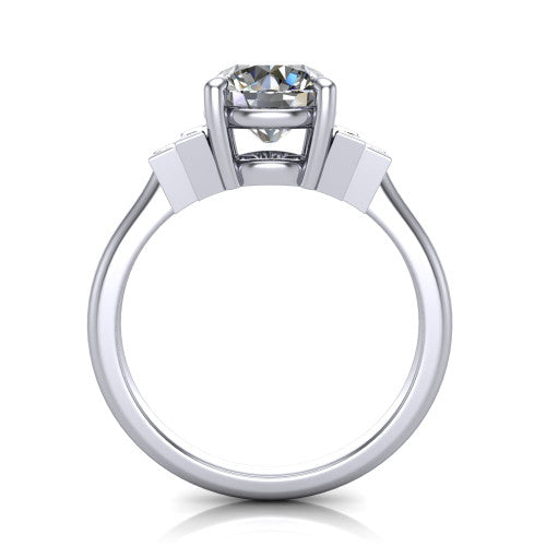 Jolene round five stone engagement ring in Platinum with bar-set emerald-cut side stones, through-finger front profile