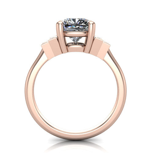 Jolene cushion five stone engagement ring in 14K Rose Gold with bar-set emerald-cut side stones, through-finger front profile