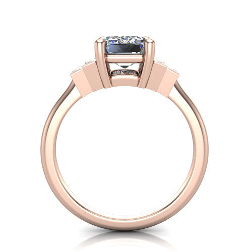 Jolene emerald five stone engagement ring in 18K Rose Gold with bar-set emerald-cut side stones, through-finger front profile