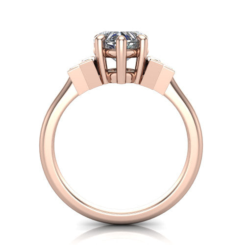 Jolene heart five stone engagement ring in 18K Rose Gold with bar-set emerald-cut side stones, through-finger front profile