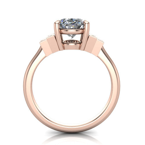 Jolene oval five stone engagement ring in 18K Rose Gold with bar-set emerald-cut side stones, through-finger front profile