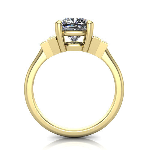 Jolene cushion five stone engagement ring in 14K Yellow Gold with bar-set emerald-cut side stones, through-finger front profile