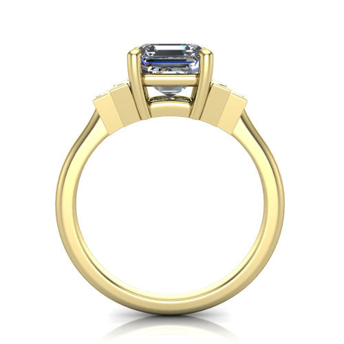 Jolene asscher five stone engagement ring in 14K Yellow Gold with bar-set emerald-cut side stones, through-finger front profile