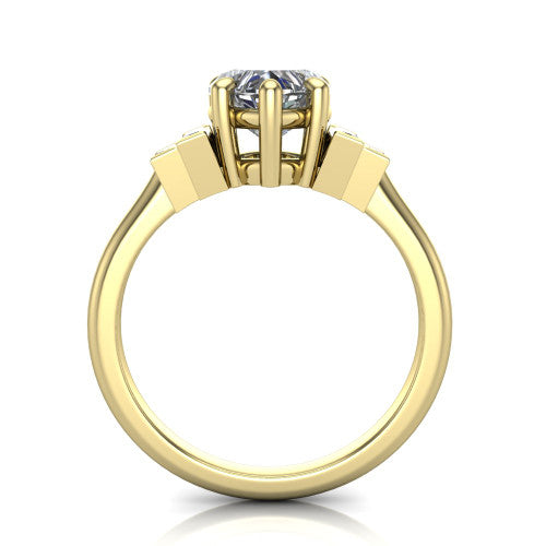 Jolene heart five stone engagement ring in 18K Yellow Gold with bar-set emerald-cut side stones, through-finger front profile