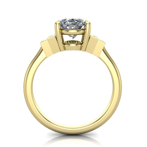 Jolene oval five stone engagement ring in 18K Yellow Gold with bar-set emerald-cut side stones, through-finger front profile