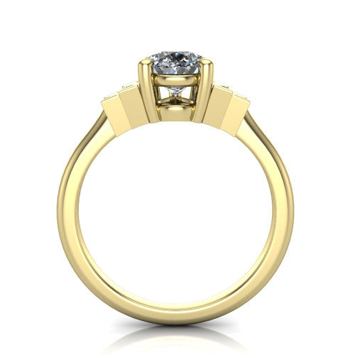 Jolene pear five stone engagement ring in 18K Yellow Gold with bar-set emerald-cut side stones, through-finger front profile