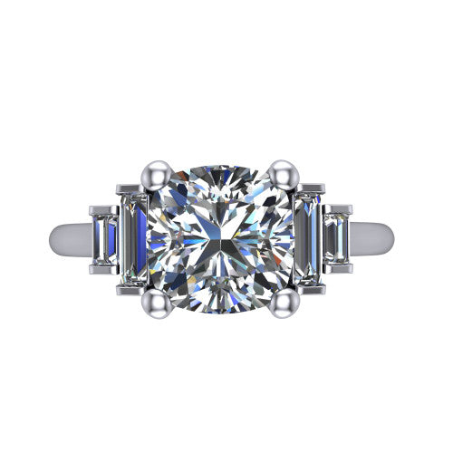 Jolene cushion five stone engagement ring in Platinum with bar-set emerald-cut side stones, top-down view of the center and stepped emerald-cut side stones