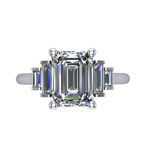Jolene emerald five stone engagement ring in 18K White Gold with bar-set emerald-cut side stones, top-down view of the center and stepped emerald-cut side stones
