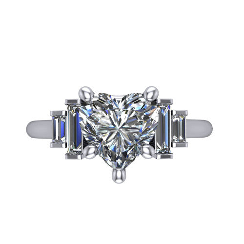Jolene heart five stone engagement ring in 14K White Gold with bar-set emerald-cut side stones, top-down view of the center and stepped emerald-cut side stones