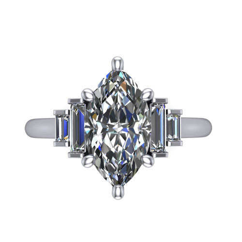 Jolene marquise five stone engagement ring in Platinum with bar-set emerald-cut side stones, top-down view of the center and stepped emerald-cut side stones