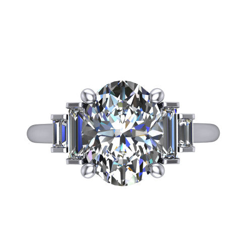 Jolene oval five stone engagement ring in 14K White Gold with bar-set emerald-cut side stones, top-down view of the center and stepped emerald-cut side stones