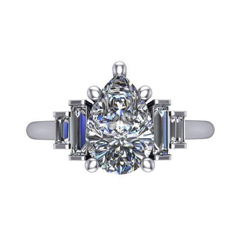 Jolene pear five stone engagement ring in 18K White Gold with bar-set emerald-cut side stones, top-down view of the center and stepped emerald-cut side stones
