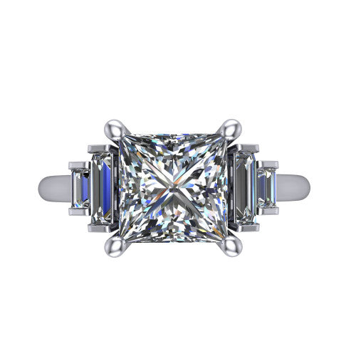 Jolene princess five stone engagement ring in 14K White Gold with bar-set emerald-cut side stones, top-down view of the center and stepped emerald-cut side stones