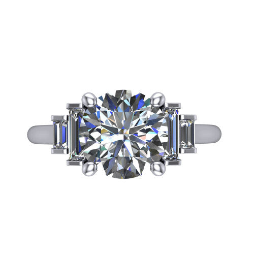 Jolene round five stone engagement ring in Platinum with bar-set emerald-cut side stones, top-down view of the center and stepped emerald-cut side stones