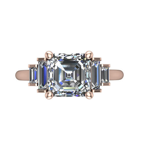 Jolene asscher five stone engagement ring in 14K Rose Gold with bar-set emerald-cut side stones, top-down view of the center and stepped emerald-cut side stones