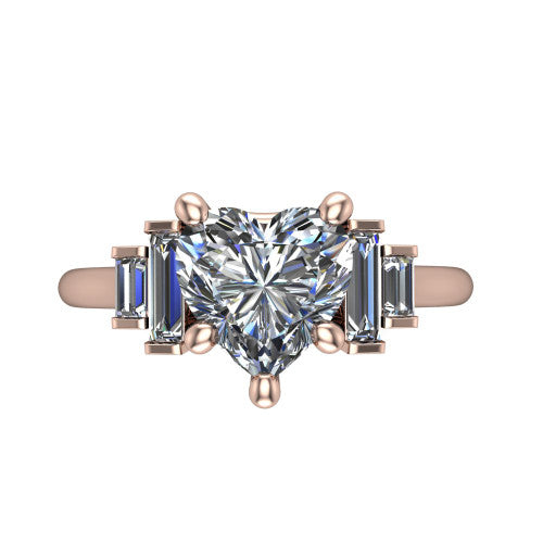 Jolene heart five stone engagement ring in 18K Rose Gold with bar-set emerald-cut side stones, top-down view of the center and stepped emerald-cut side stones