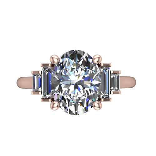 Jolene oval five stone engagement ring in 14K Rose Gold with bar-set emerald-cut side stones, top-down view of the center and stepped emerald-cut side stones
