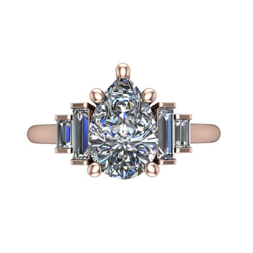 Jolene pear five stone engagement ring in 18K Rose Gold with bar-set emerald-cut side stones, top-down view of the center and stepped emerald-cut side stones