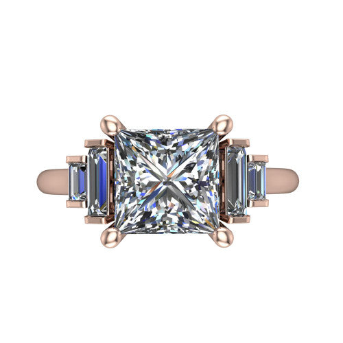 Jolene princess five stone engagement ring in 14K Rose Gold with bar-set emerald-cut side stones, top-down view of the center and stepped emerald-cut side stones