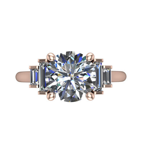 Jolene round five stone engagement ring in 14K Rose Gold with bar-set emerald-cut side stones, top-down view of the center and stepped emerald-cut side stones