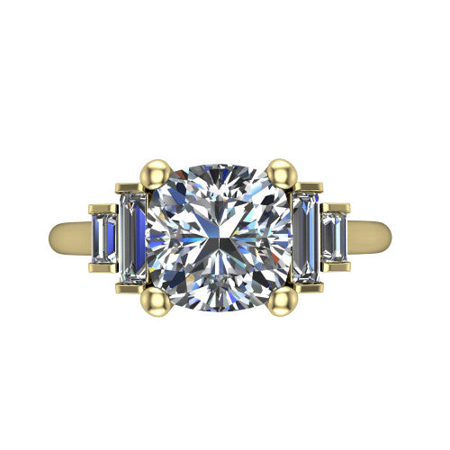 Jolene cushion five stone engagement ring in 14K Yellow Gold with bar-set emerald-cut side stones, top-down view of the center and stepped emerald-cut side stones