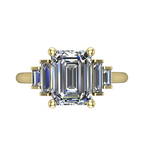 Jolene emerald five stone engagement ring in 18K Yellow Gold with bar-set emerald-cut side stones, top-down view of the center and stepped emerald-cut side stones